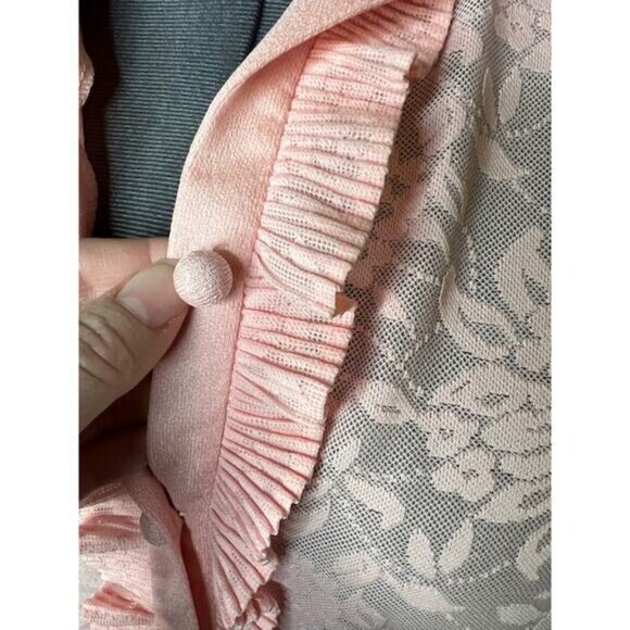 dress 1980s sheer lace bodice ruffle front pink - Picture 10 of 10